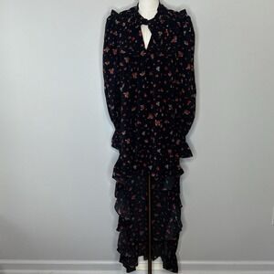 WeWoreWhat High Low Ruffle Maxi Dress Size Medium Black Floral Polka Dot